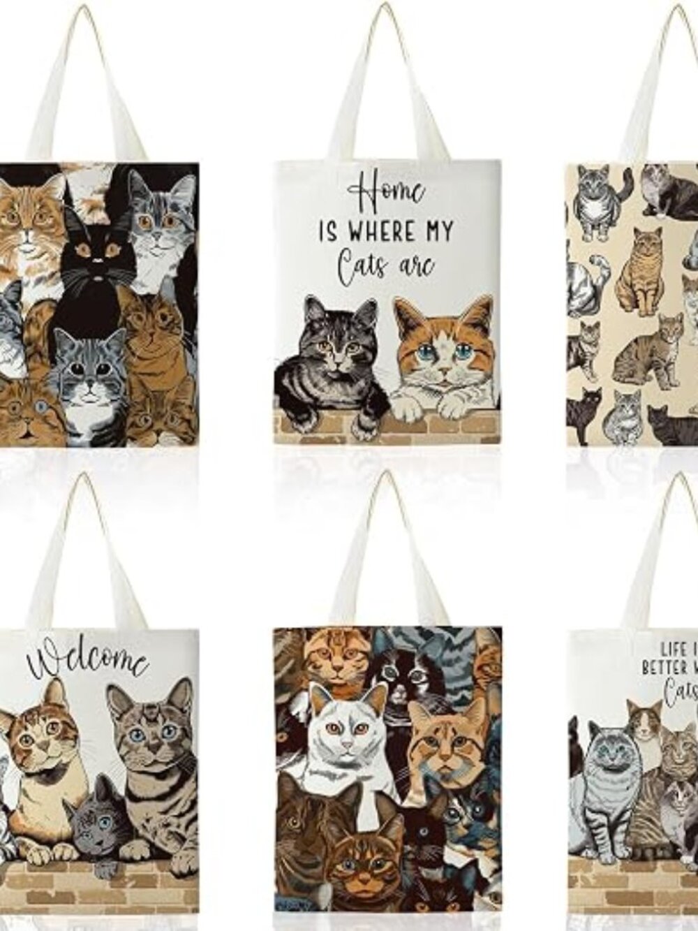 6Pcs Cat Canvas Tote Bags Bulk Reusable Cat Lover Gift Bags